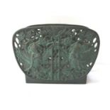 CHINESE VERDIGRIS EFFECT BRONZED LETTER RACK each side with pierced figure, floral and motif