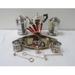 SELECTION OF SILVER PLATE including an oval tray, two pierced glass cup sleeves, squat teapot, two