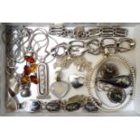 GOOD SELECTION OF SILVER JEWELLERY including an amber set necklace, an Egyptian style hieroglyph
