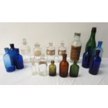 SELECTION OF PHARMACY AND OTHER COLOURED GLASS BOTTLES including 'Formalin Throat Tablets', 'Acid