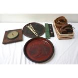 MIXED LOT OF COLLECTABLES including a Schweppes oak cased aneroid barometer, two Japanese circular
