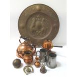 LARGE SELECTION OF COPPER AND BRASSWARE including a toddy kettle, table gong, fondue set, large