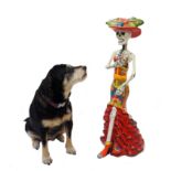 LARGE DAY OF THE DEAD STYLE CERAMIC FIGURINE the skeleton dressed in colourful dress and hat, 73cm