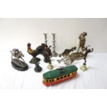 SELECTION OF COLLECTABLES including a silvered metal jockey and racehorse ornament; a brass wall