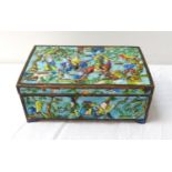 CHINESE ENAMEL BOX with a blue ground, the lid decorated with warriors on horseback and on foot, the