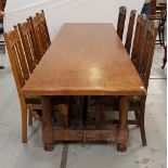 PINE PLANK TOP REFECTORY TABLE standing on turned supports united by a stretcher, 318cm long