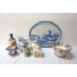 SELECTION OF VICTORIAN AND LATER CERAMICS including a large blue and white Dutch Delft Ware wall