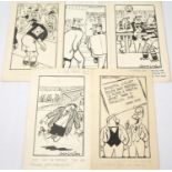 JACK LINDSAY (Glasgow Noon Record) five original pen and ink football cartoons, circa 1940/50's,