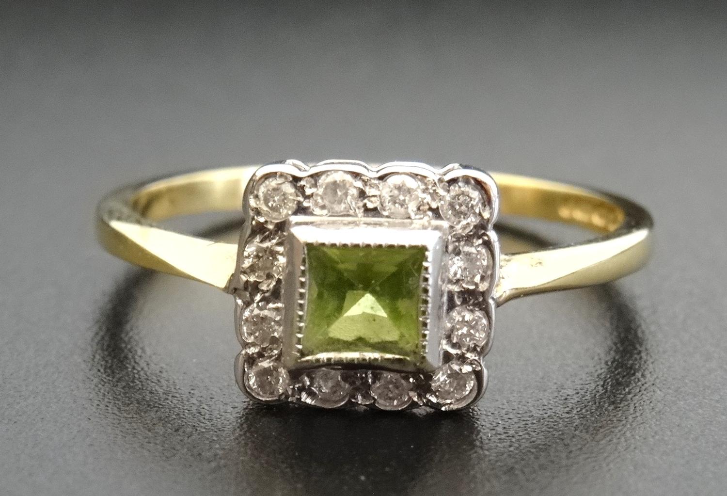 PERIDOT AND DIAMOND CLUSTER DRESS RING the central princess cut peridot in square surround set