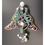 UNUSUAL DIAMOND, EMERALD AND PEARL SET BIRD BROOCH with colourful filled panels to represent the