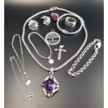 SELECTION OF SILVER JEWELLERY including a chunky cabochon amethyst set pendant on chain, a Lagos