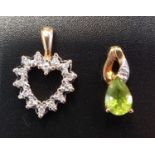 DIAMOND SET HEART SHAPED PENDANT in nine carat gold; together with a peridot and diamond pendant