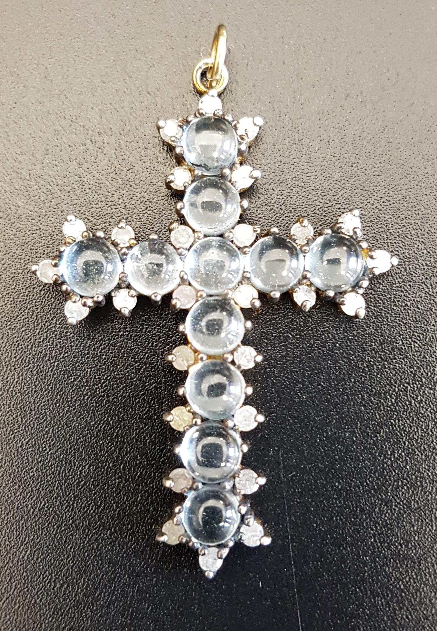 MOONSTONE AND DIAMOND CROSS PENDANT the circular cabochon moonstones in surround of small