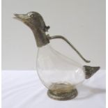 NOVELTY CLARET JUG modelled as a duck with an opening beak pourer metal head, handle, tail and