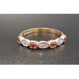 DIAMOND AND RUBY HALF ETERNITY RING with alternating square set single rubies and navette set double
