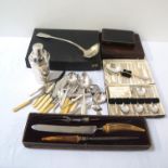 LARGE SELECTION OF SILVER PLATED FLATWARE and other items including a cased set of fish eaters,