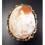 VERY LARGE SHELL CAMEO BROOCH depicting a maiden at a well with coutryside and houses in the