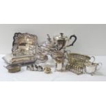 LARGE SELECTION OF SILVER PLATE including a Walker & Hall teapot, milk jug and twin handled sugar