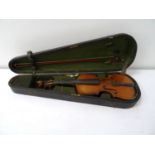 VINTAGE VIOLIN with a two piece 37cm back, together with a bow, contained in a vintage baize lined