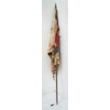 VINTAGE UNION FLAG mounted on an elm staff with metal finial, the cotton and satin flag with wear,