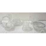 SELECTION OF CUT GLASS including a water jug, rose bowl, tapering vase, centre bowl and other items