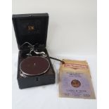 HMV TRAVELLING GRAMOPHONE in a hard shell case with winding handle, together with a large