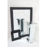LARGE BLACK GLOSS FRAMED MIRROR 116cm high x 85.5cm wide; a smaller matching example, 35cm x 35.5cm;