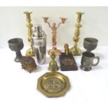 MIXED LOT OF METALWARE including a pair of brass knopped candlesticks, brass charger, brass skimmer,