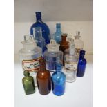 SELECTION OF PHARMACY AND OTHER COLOURED GLASS BOTTLES including 'Vin: Ipecac', 'Acid: Phosph: