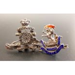 SILVER SWEETHEART BROOCH set with marcasite; together with a small military enamel decorated
