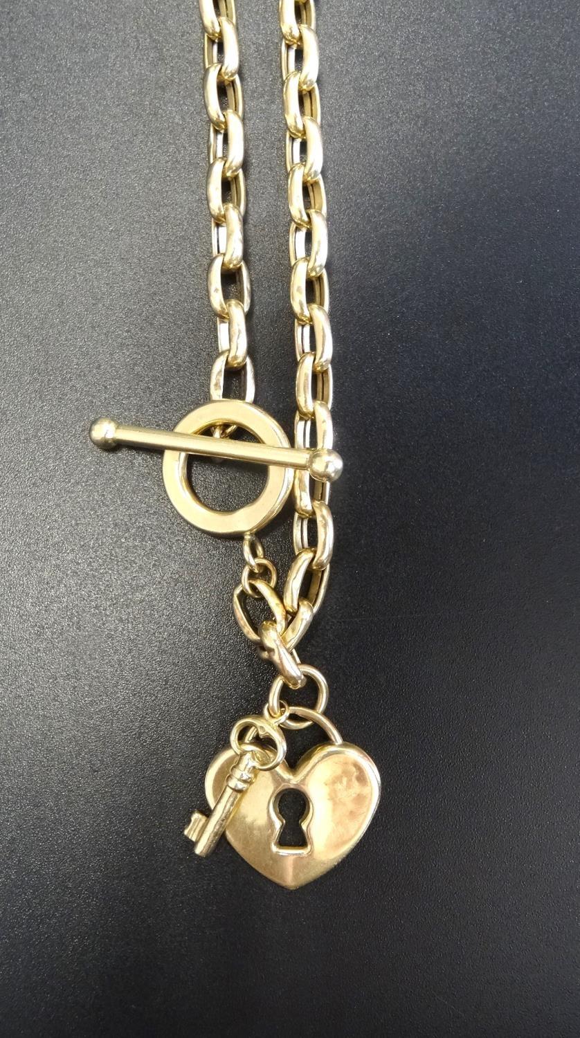 FOURTEEN CARAT GOLD BELCHER LINK NECK CHAIN with heart padlock & key charm and toggle clasp,