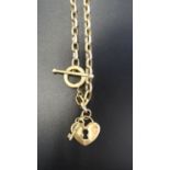 FOURTEEN CARAT GOLD BELCHER LINK NECK CHAIN with heart padlock & key charm and toggle clasp,