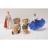 SELECTION OF ROYAL DALTON CHARACTER JUGS AND FIGURINES comprising Mark Twain Jug, D6694; Beefeater