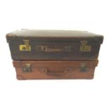 TWO VINTAGE LEATHER SUITCASES each with re-enforced corners, brass locks and carry handles (2)