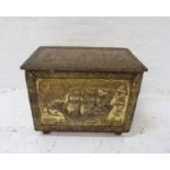 BRASS EMBOSSED COAL BIN decorated with ships, with a removable steel liner, 38.5cm x 50cm x 33cm