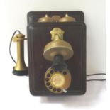 SIEMENS STAINED PINE VINTAGE WALL MOUNTED TELEPHONE with two bell ringer, separate brass mouth and