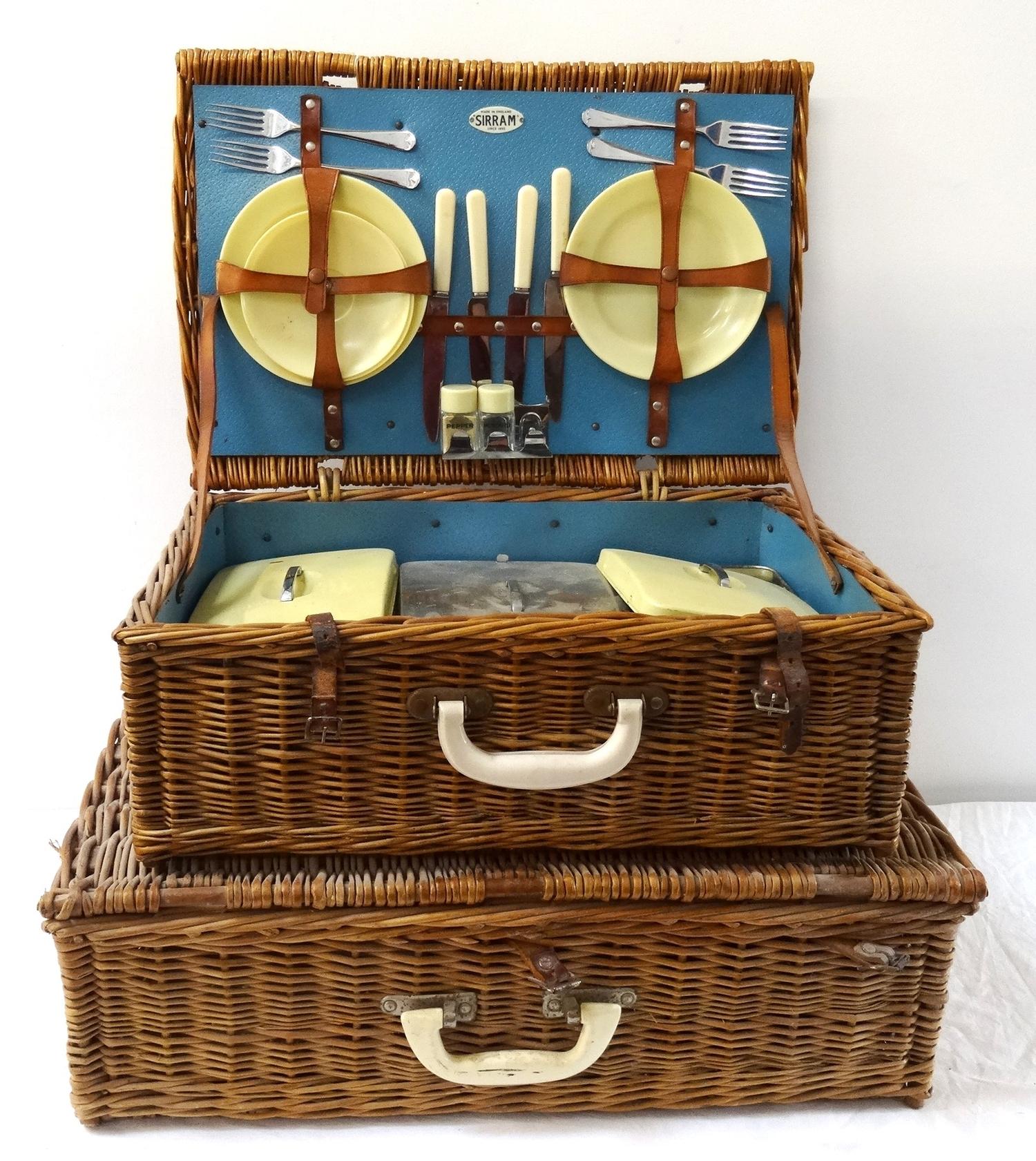 BREXTON WICKER PICNIC HAMPER fitted with plates, cups and saucers, thermos flask, cutlery and food