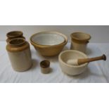 SELECTION OF CERAMICS including a large mortar and pestle; three stoneware jars, one marked