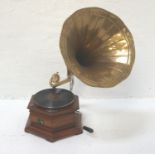 REPRODUCTION HMV GRAMOPHONE in hexagonal oak case, with wind up handle and brass trumpet
