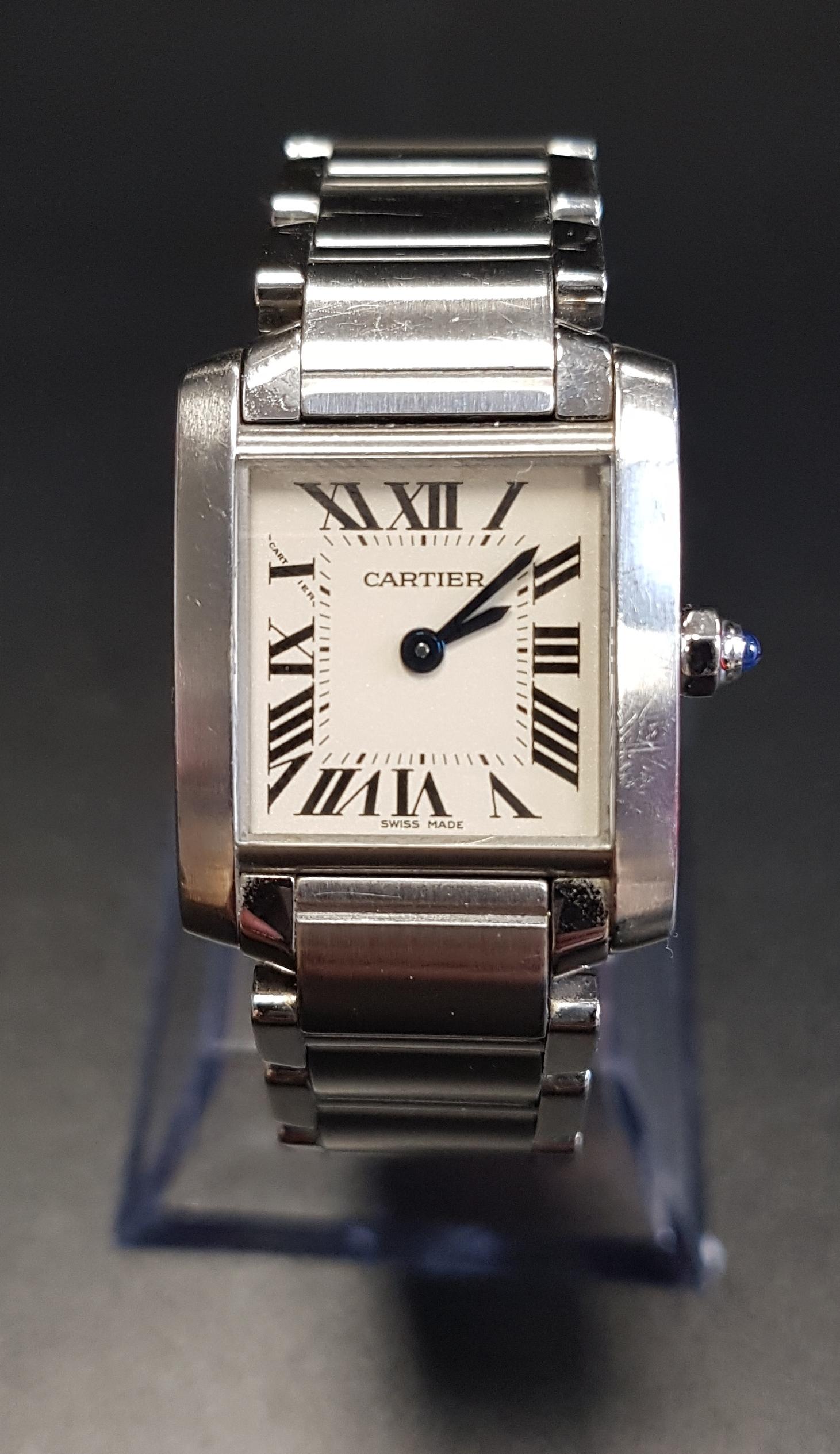 LADIES CARTIER TANK FRANCAISE STAINLESS STEEL WRISTWATCH the square dial with Roman numerals, on