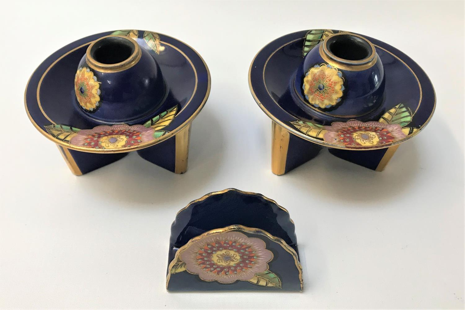 ART DECO CARLTON WARE 'MELANGE' PATTERN PAIR OF CANDLESTICKS AND MATCHING MATCHBOX HOLDER all