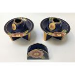 ART DECO CARLTON WARE 'MELANGE' PATTERN PAIR OF CANDLESTICKS AND MATCHING MATCHBOX HOLDER all