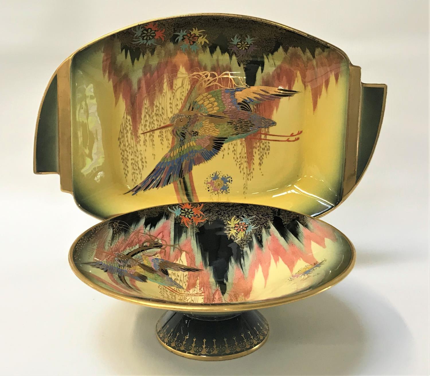 TWO ART DECO 'SKETCHING BIRD' PATTERN DISHES both circa 1930s with colourful decoration on yellow