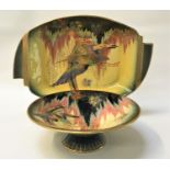 TWO ART DECO 'SKETCHING BIRD' PATTERN DISHES both circa 1930s with colourful decoration on yellow