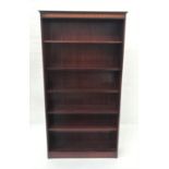 STAINED MAHOGANY OPEN BOOKCASE with a moulded inlaid top above five adjustable shelves, standing