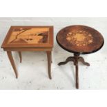 ITALIAN SPECIMEN WOOD OCCASIONAL TABLE with a lift up lid inlaid depicting a harbour scene, the