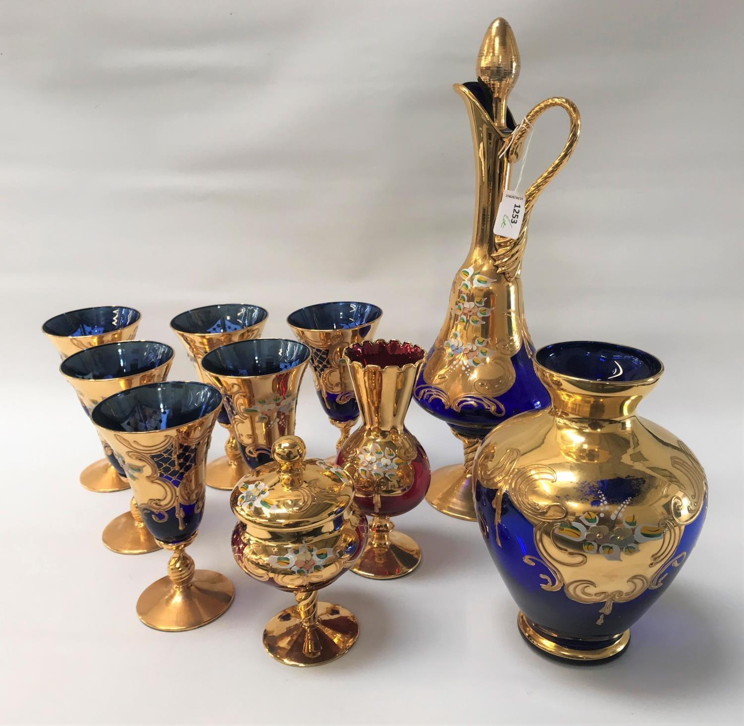 SELECTION OF BOHEMIAN STYLE GLASSWARE including a ewer and six goblets of blue glass overlaid with