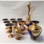 SELECTION OF BOHEMIAN STYLE GLASSWARE including a ewer and six goblets of blue glass overlaid with
