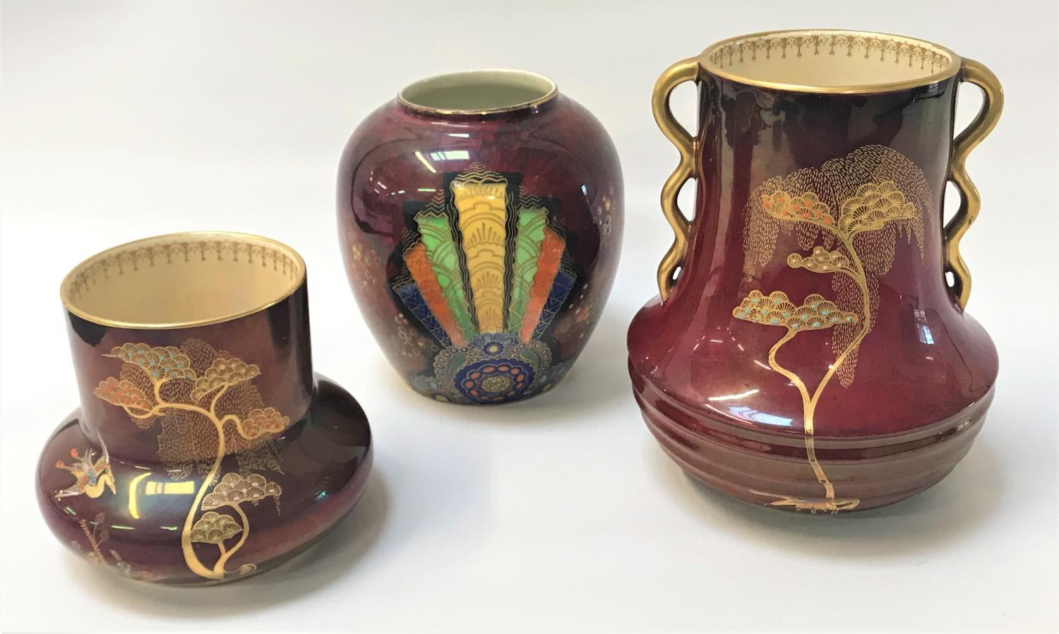 THREE PIECES OF ART DECO CARLTON WARE all on rouge grounds with gilt highlights, comprising a '