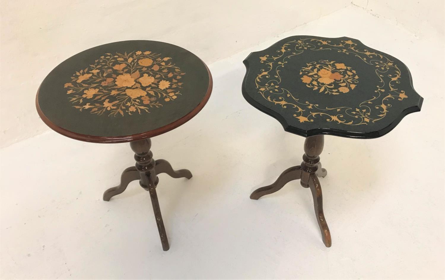 ITALIAN STAINED WALNUT AND MARQUETRY OCCASIONAL TABLE with a circular moulded top inlaid with floral